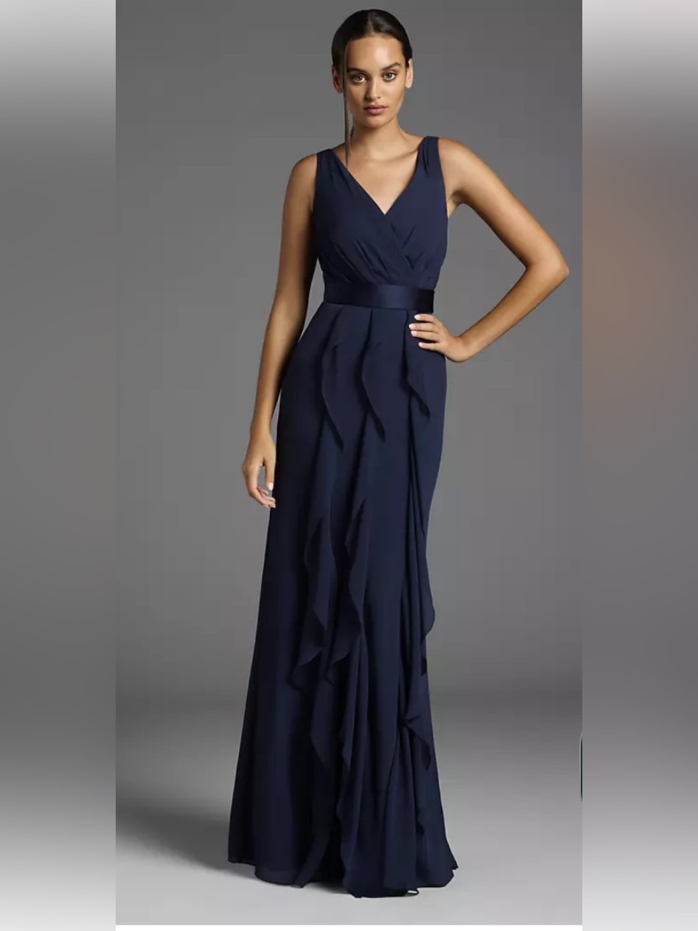 Vera Wang White Limited Edition Chiffon Ruffled Surplice Bodice Dress Navy 16